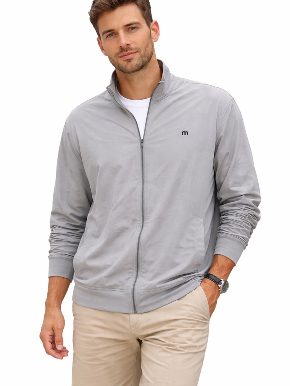 TravisMathew Light Gray Full Zip Track Jacket XL Stretch Cotton Logo‎ Sporty